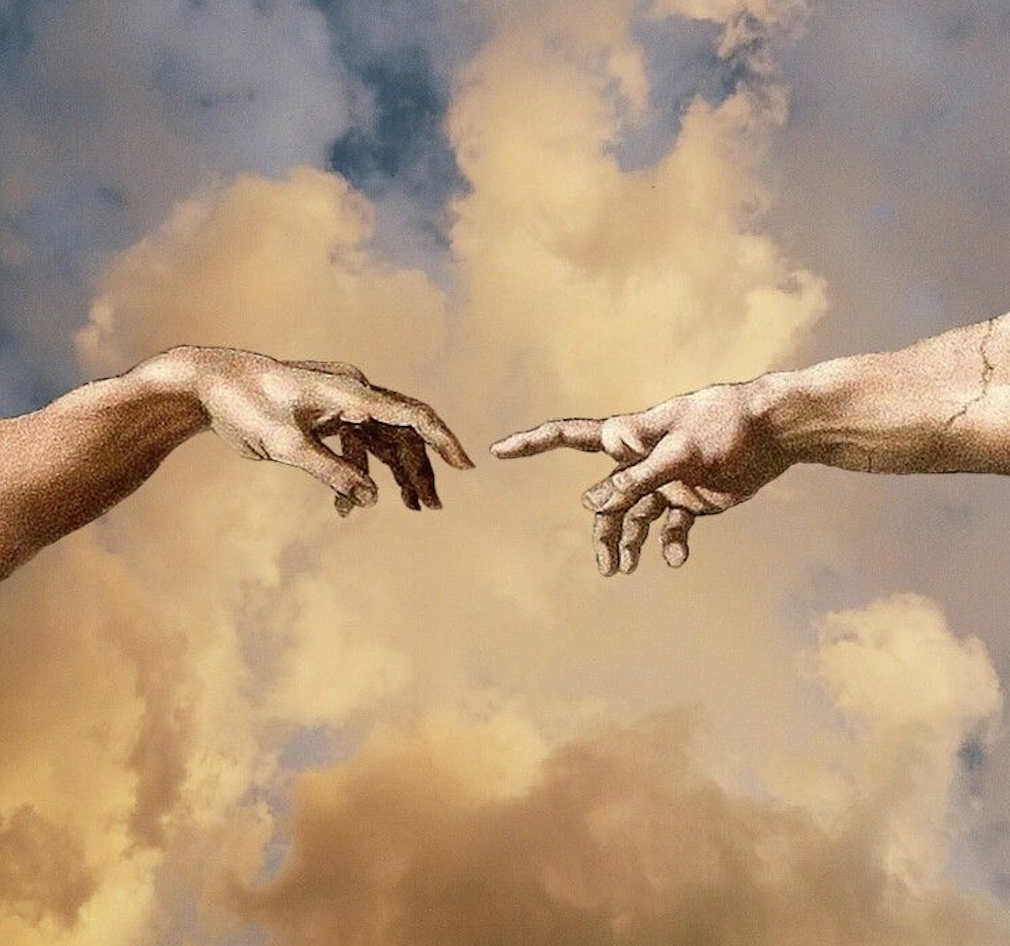 A painting of two hands almost touching with a cloudy background behind them. It is an edit of The Creation of Man in the Sistine Chapel.